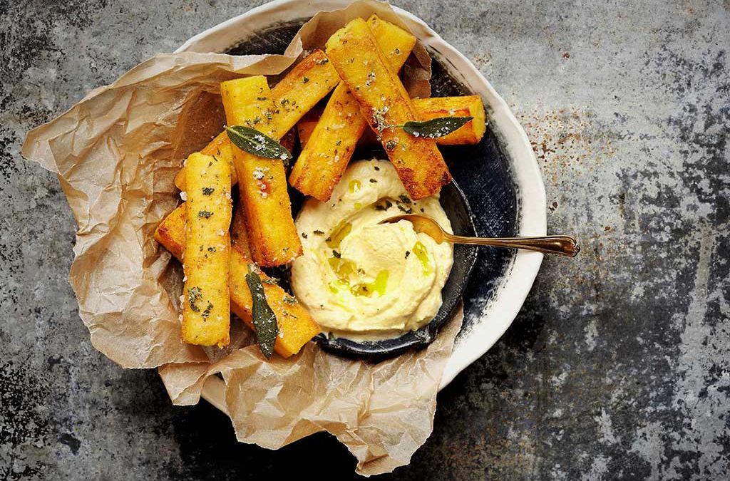 Polenta Chips with Whipped Saffy and Herb Salt