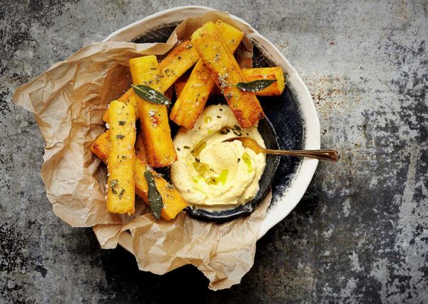Polenta Chips with Whipped Saffy and Herb Salt