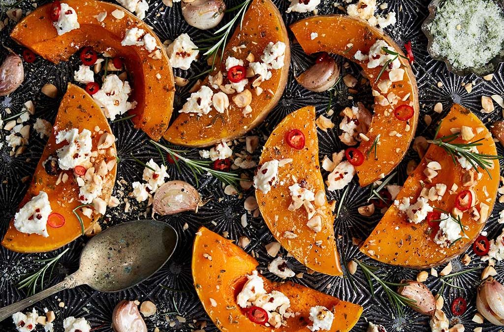 Roast Butternut Pumpkin with Goat Cheese, Rosemary and Toasted Hazelnuts