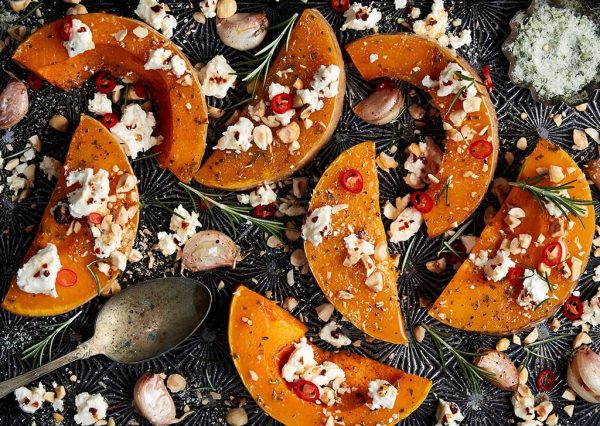 Roast Butternut Pumpkin with Goat Cheese, Rosemary and Toasted Hazelnuts